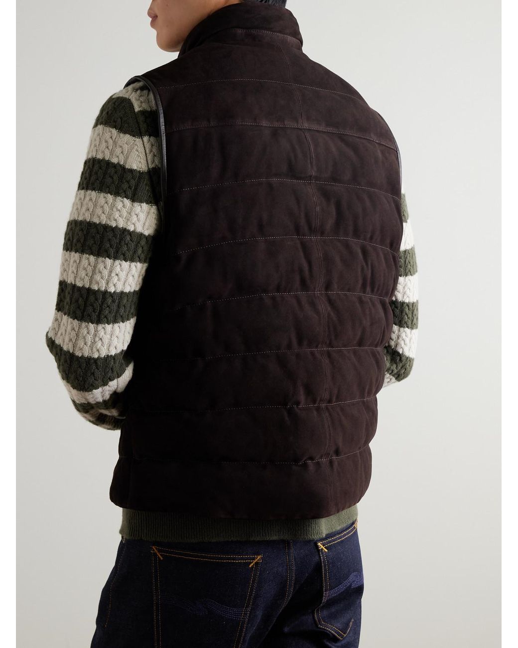Mr P. Brown Leather-Trimmed Padded Quilted Suede Gilet for men