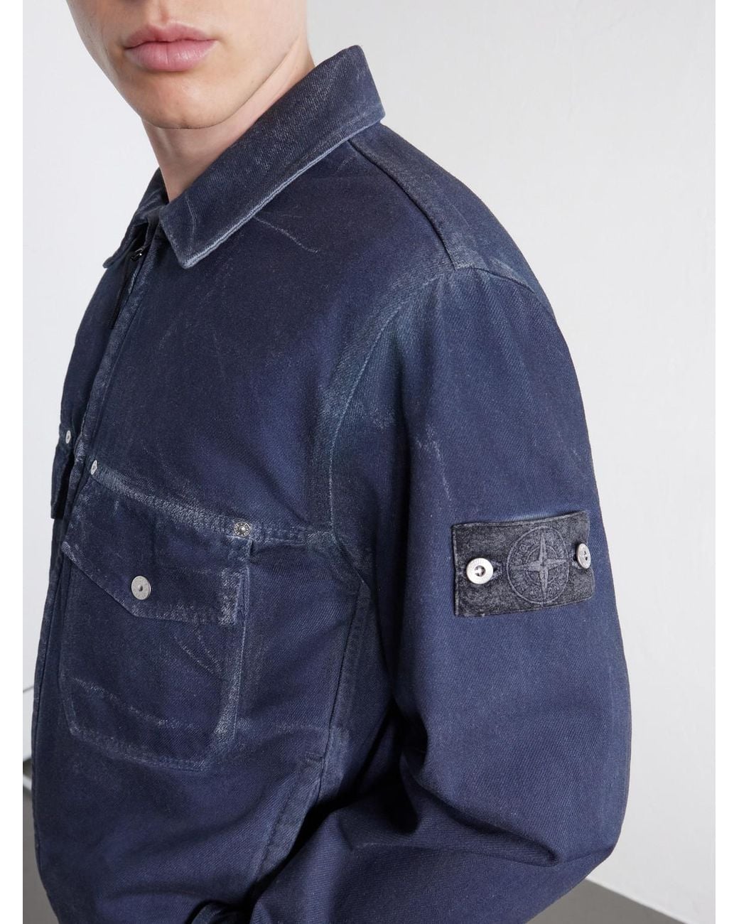 Stone Island Blue Denim Research Collection Garment-Dyed Reflective Padded Denim Jacket for men
