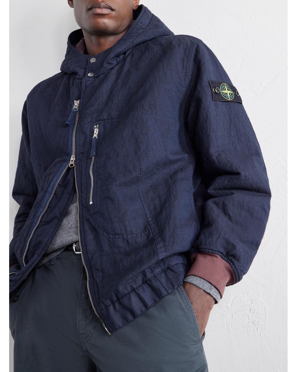 Stone Island Blue Garment-Dyed Hooded Cotton Blend-Tc Padded Twill Jacket for men
