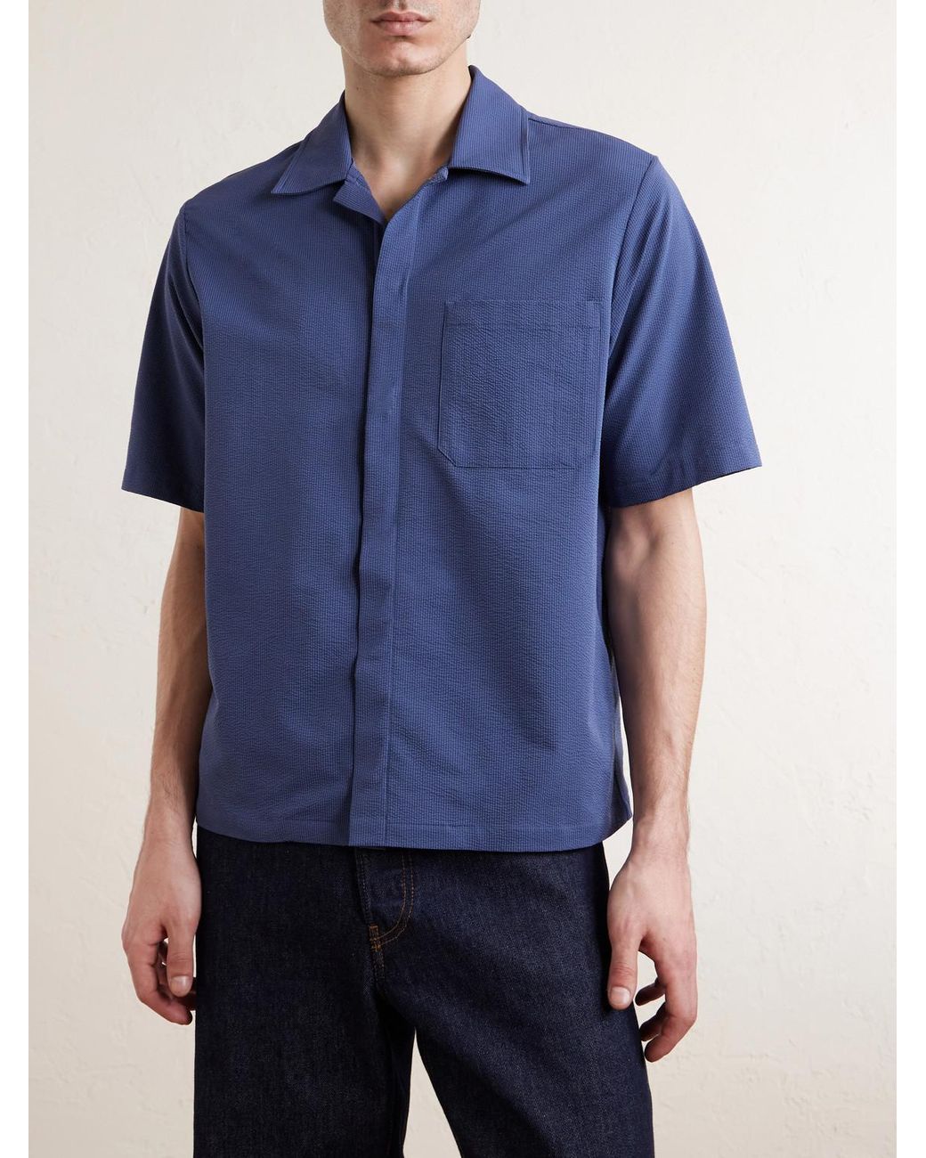 Herno Blue Seercrease Jersey Bowling Shirt for men