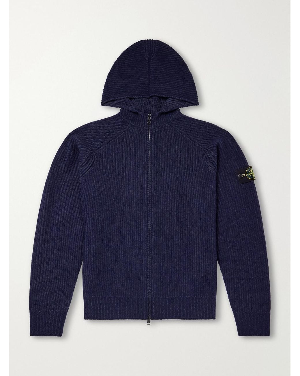 Stone Island Blue Ribbed Cashmere And Wool-Blend Zip-Up Hoodie for men