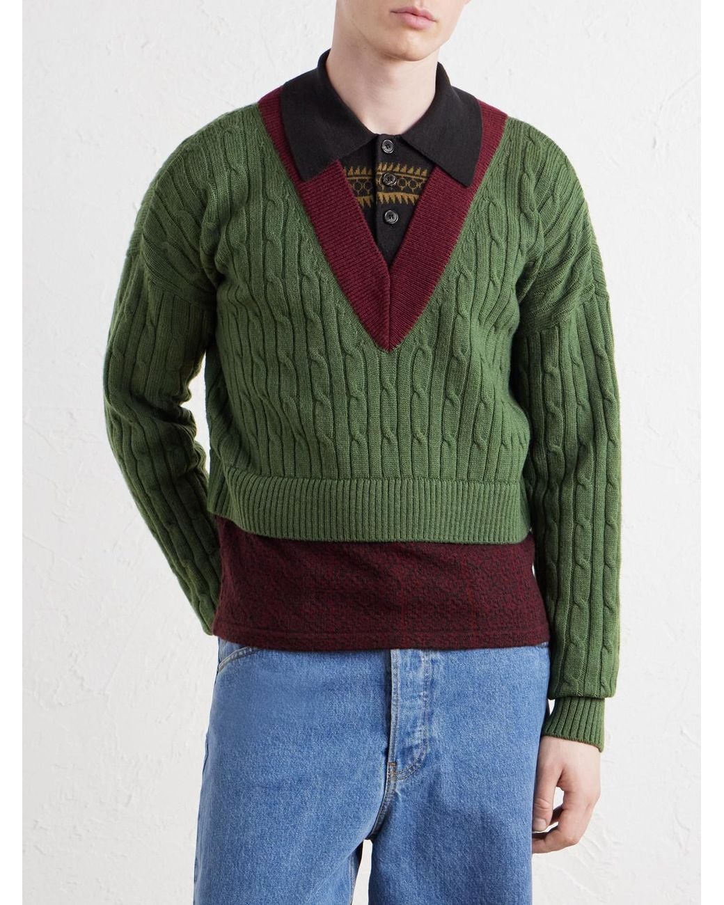 Dries Van Noten Green Jacquard-trimmed Cable-knit Wool And Cotton-blend Sweater for men