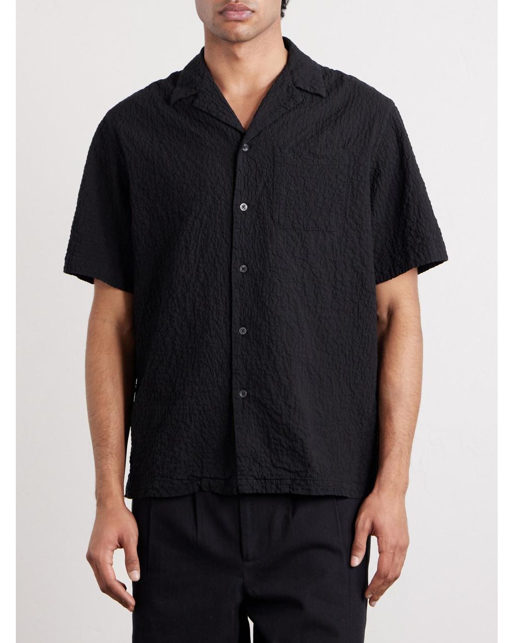 Altea Black Hadley Seersucker Cotton Shirt for men