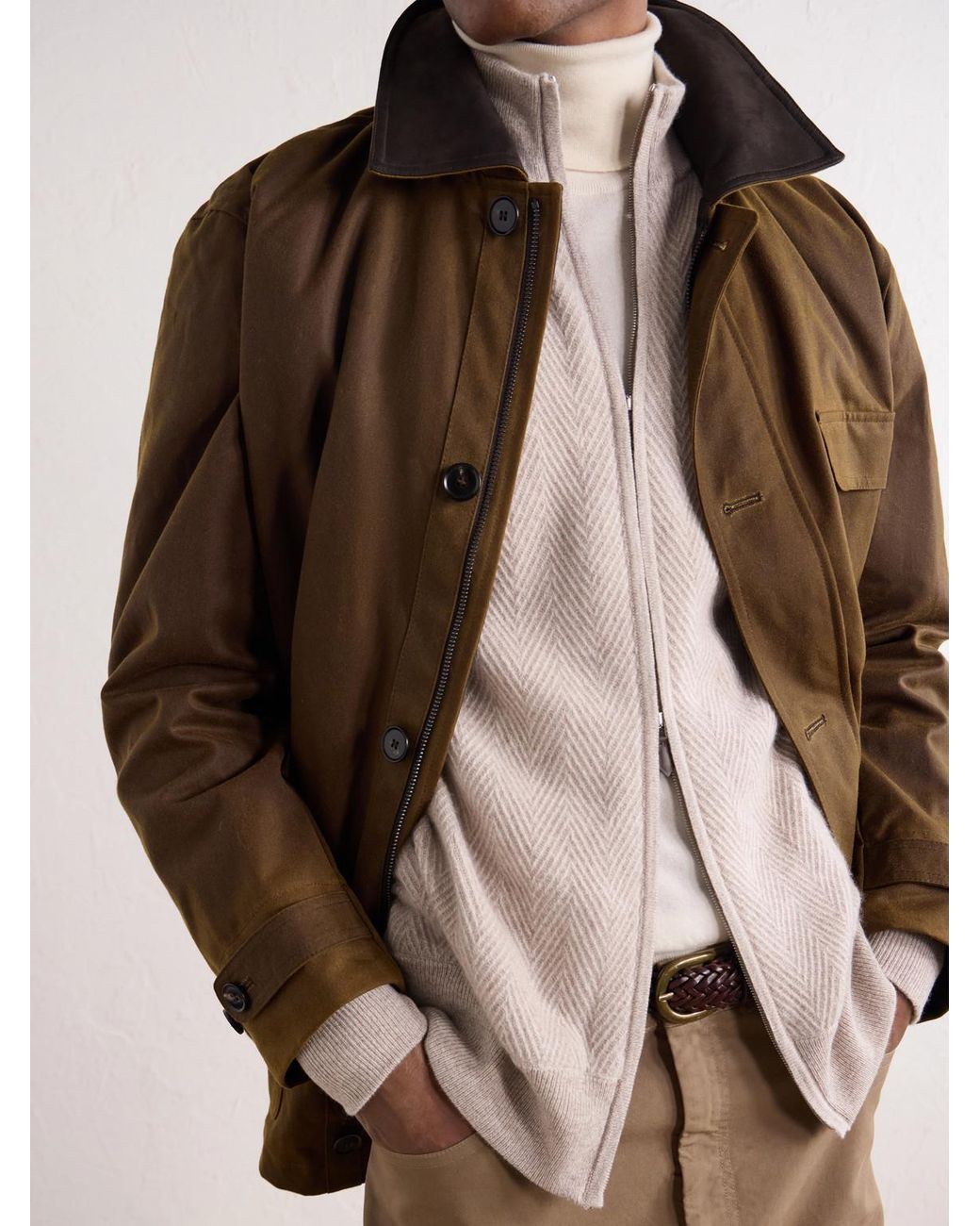 N.Peal Cashmere Natural Knightsbridge Herringbone Cashmere Zip-Up Cardigan for men