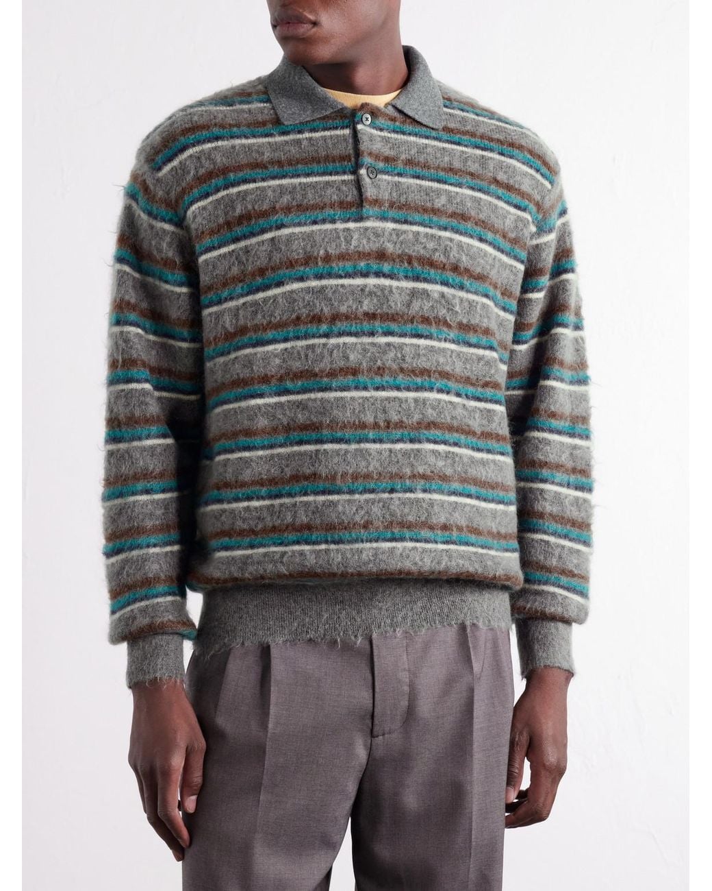 Ssstein Gray Striped Brushed-Knit Polo Shirt for men