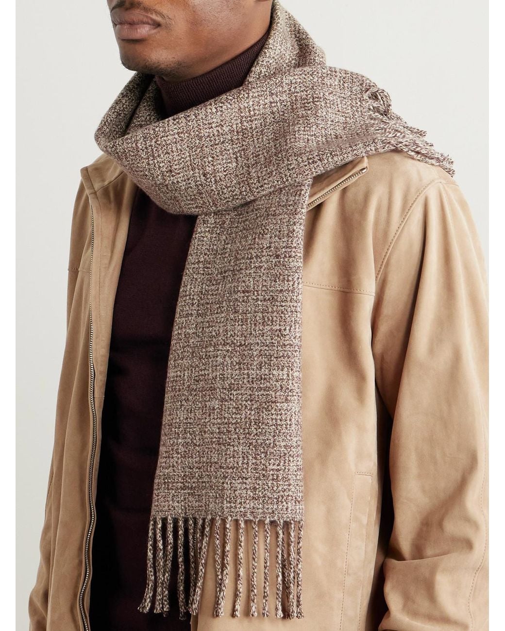 Loro Piana Brown Fringed Cashmere-tweed Scarf for men