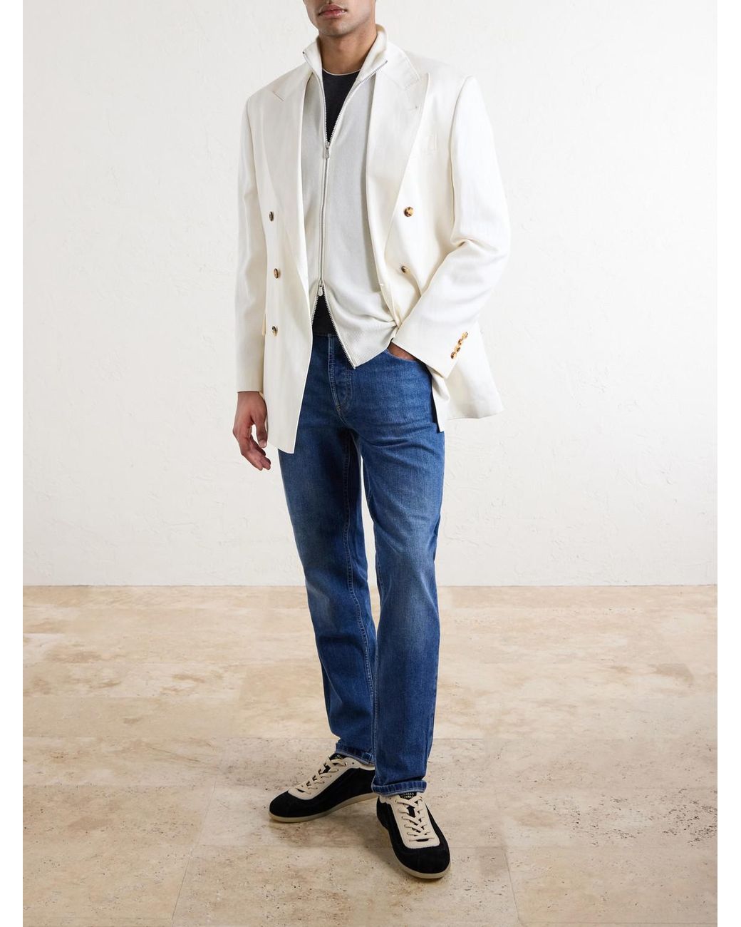 Brunello Cucinelli White Cashmere Zip-Up Sweater for men