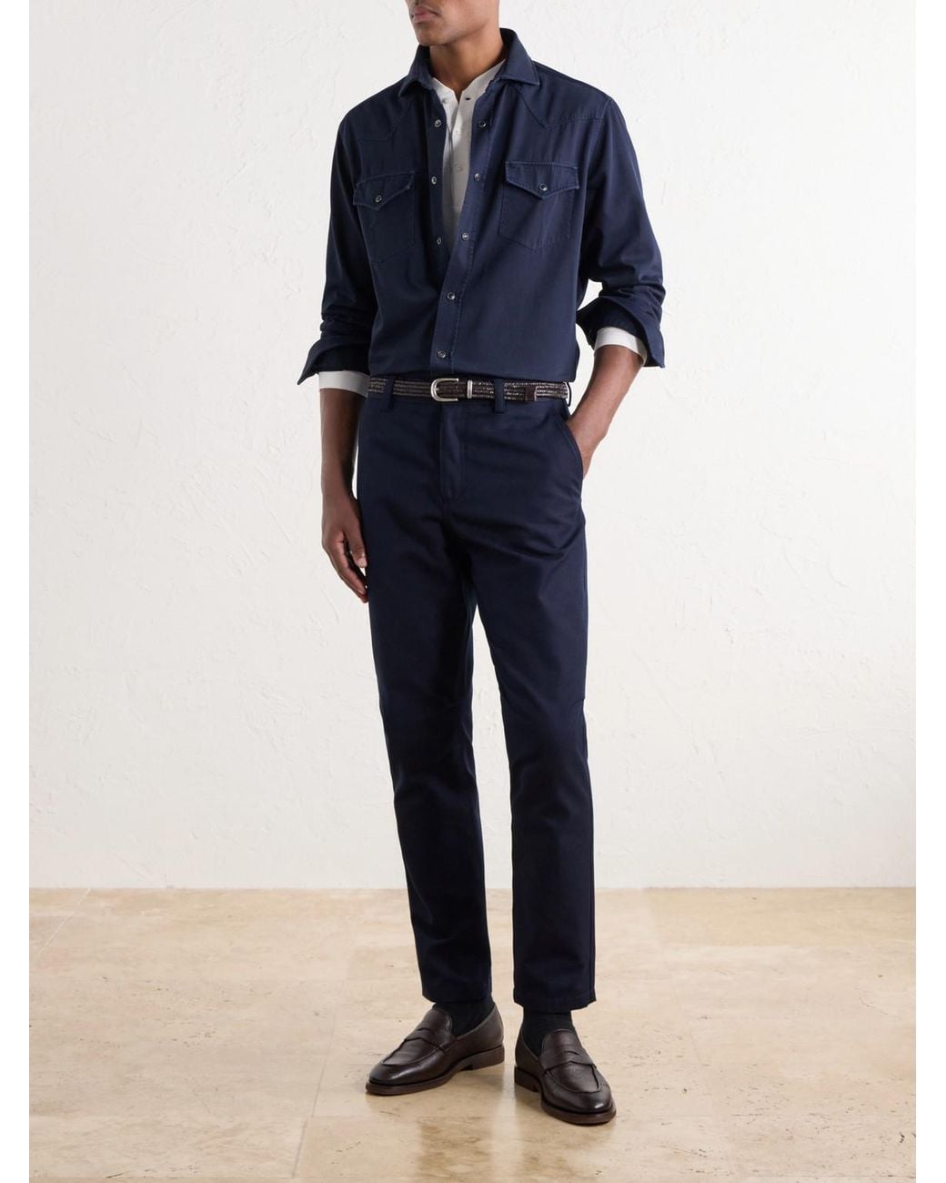 Brunello Cucinelli Blue Cotton-Canvas Western Shirt for men