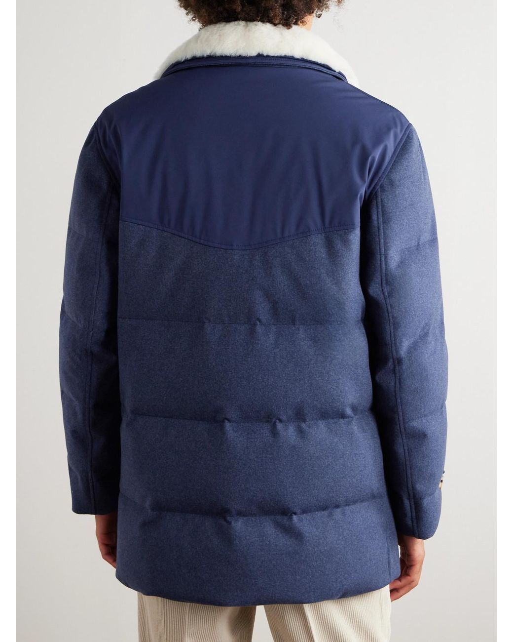 Brunello Cucinelli Blue Double-Breasted Shearling-Trimmed Quilted Wool Down Coat for men