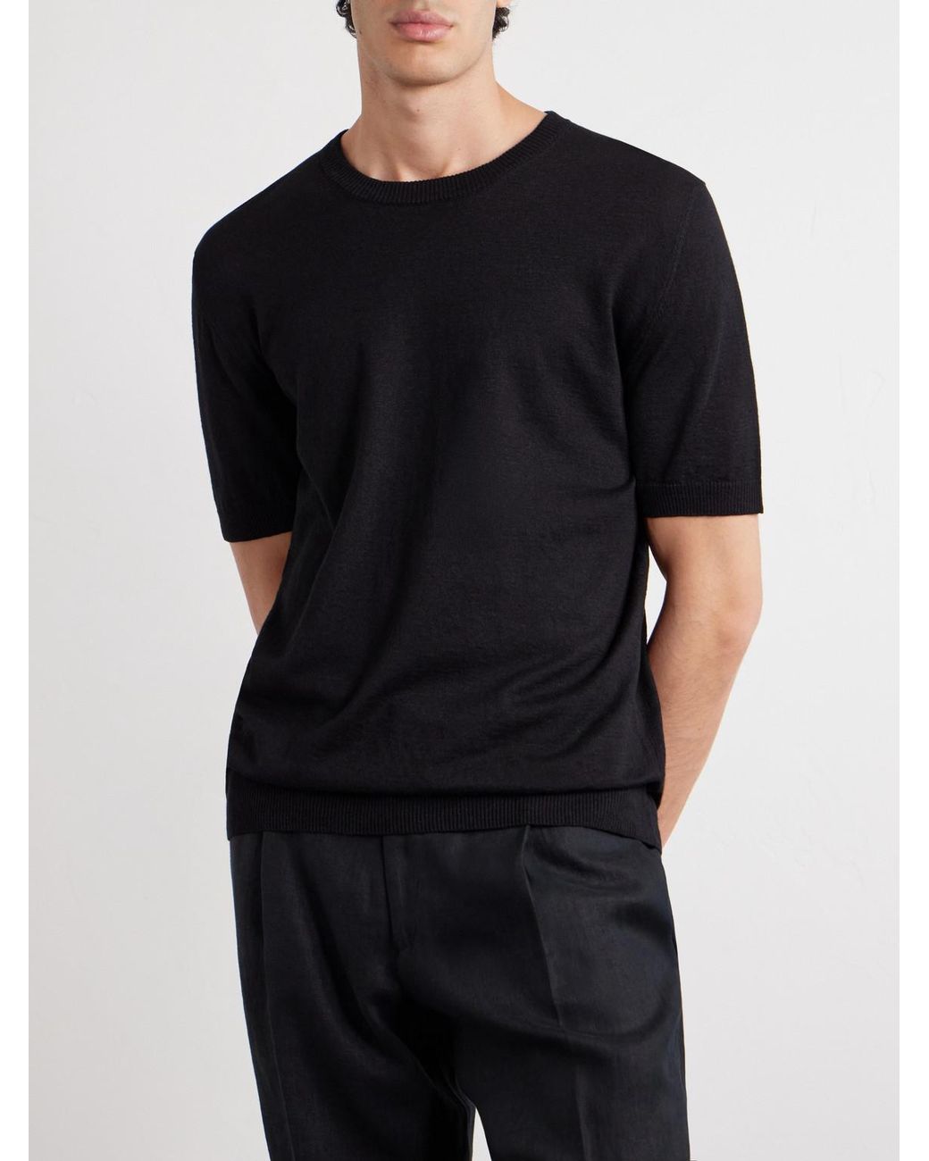J. Mueser Black Knitted Linen And Cotton-blend T-shirt for men