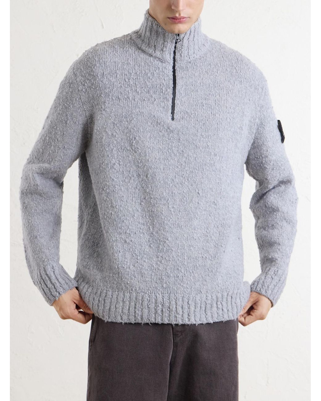 Stone Island Gray Speckled Wool And Nylon-Blend Half-Zip Sweater for men