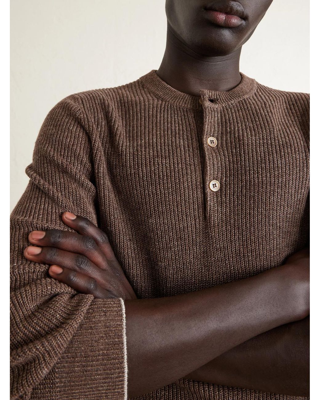 Ribbed Linen And Cotton-Blend Henley Sweater di Brunello Cucinelli in Brown da Uomo