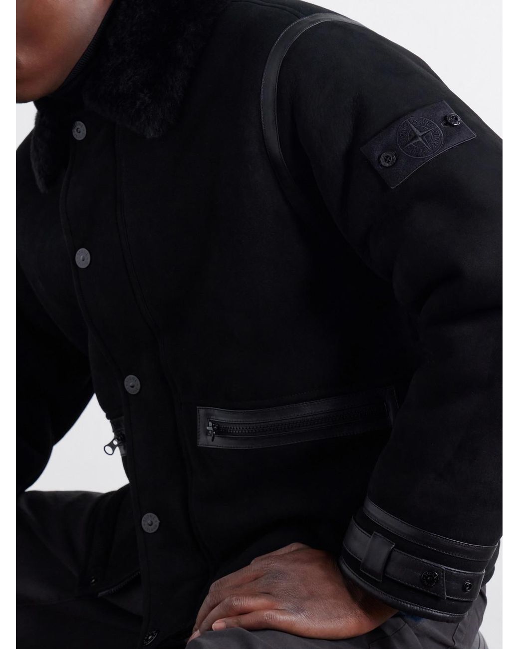 Stone Island Black Ghost Leather And Shearling-Trimmed Suede Jacket for men
