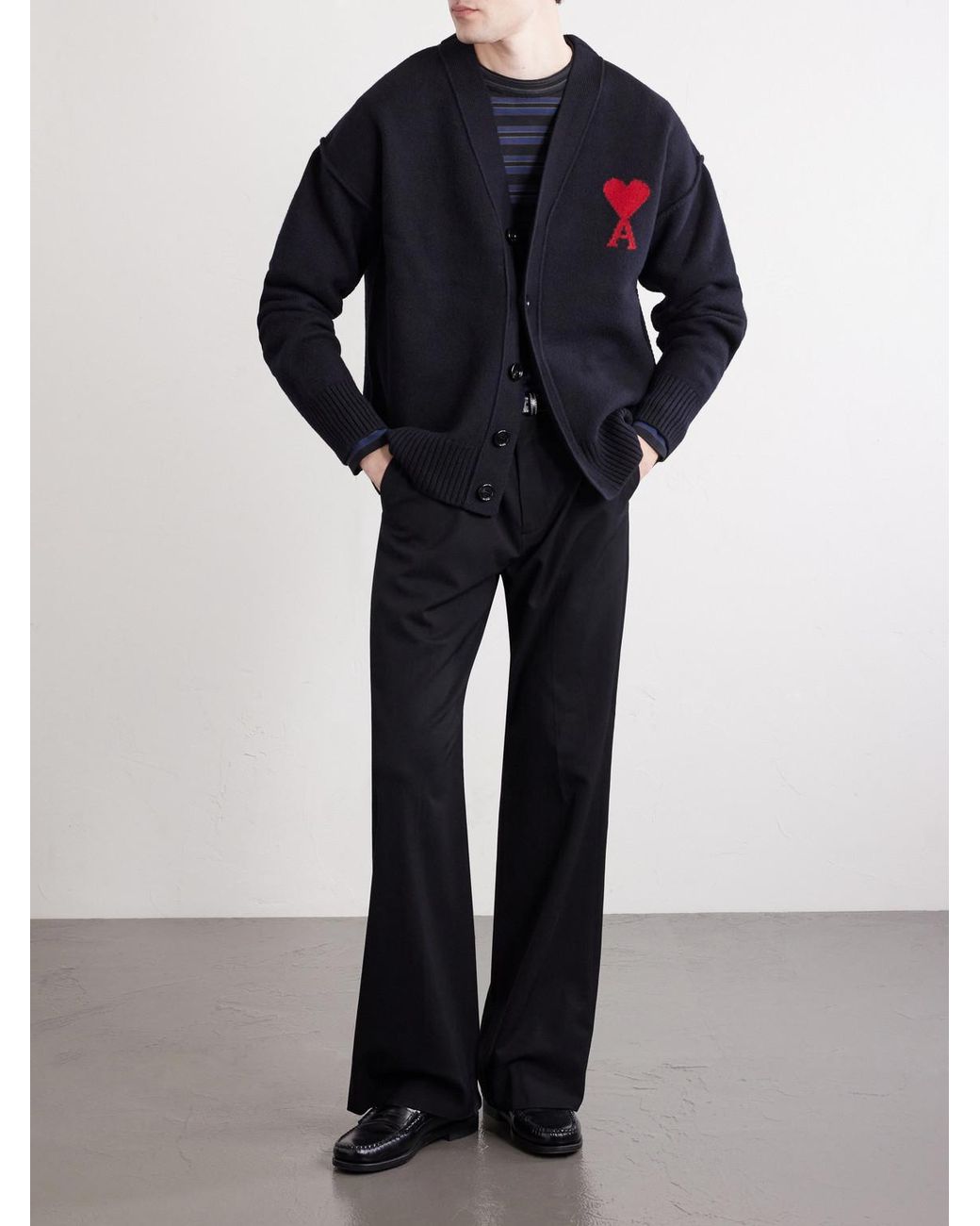 AMI Black Logo-Intarsia Virgin Wool Cardigan for men