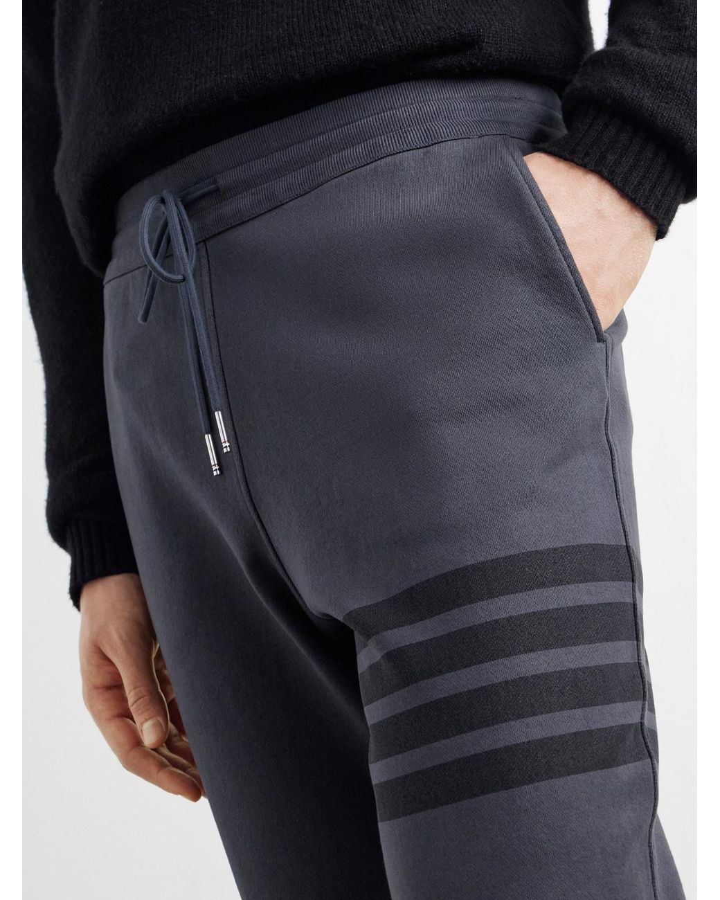 Thom Browne Blue Tapered 4-Bar Detailed Cotton-Jersey Drawstring Sweatpants for men