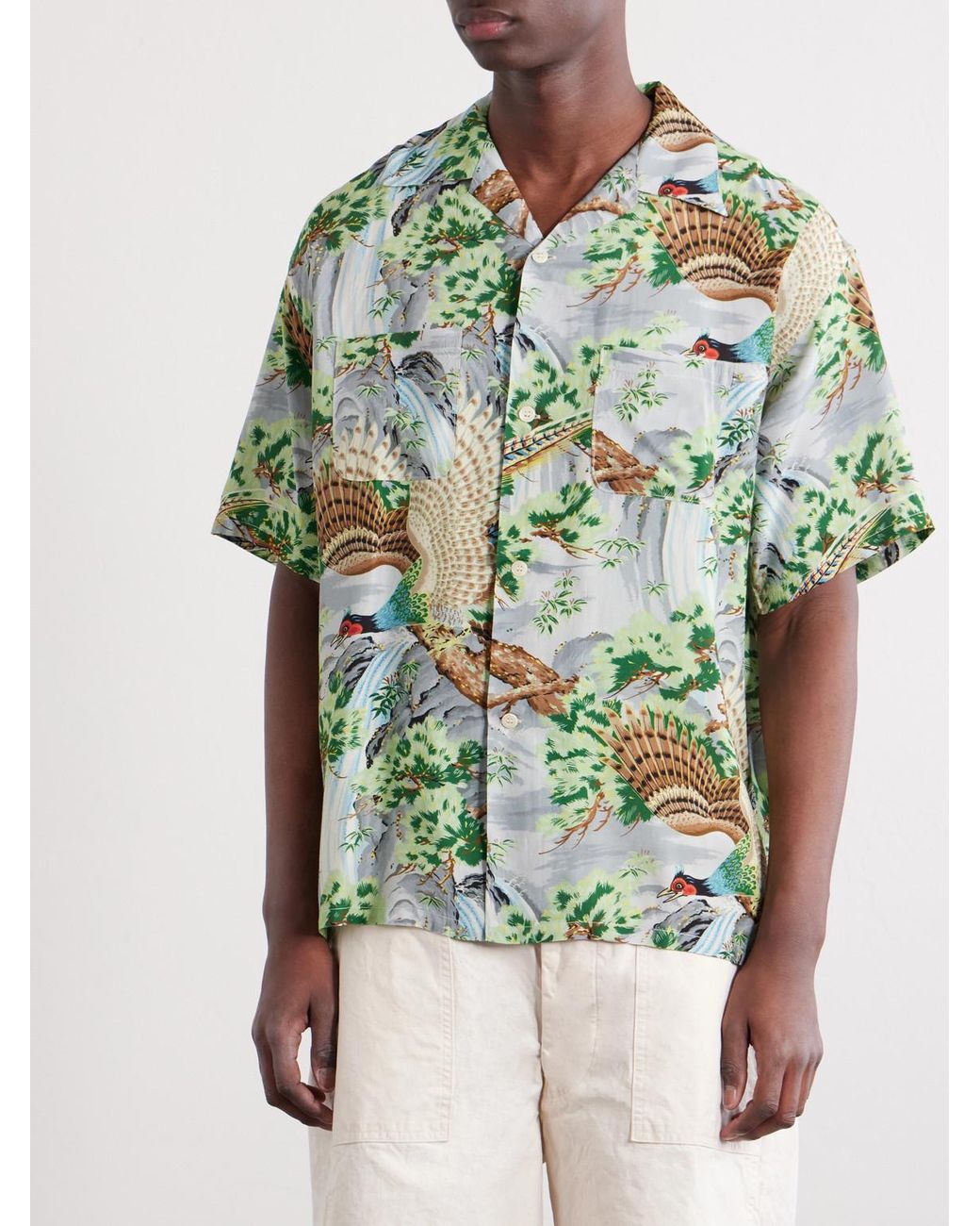 Orslow Green Camp-collar Printed Voile Shirt for men