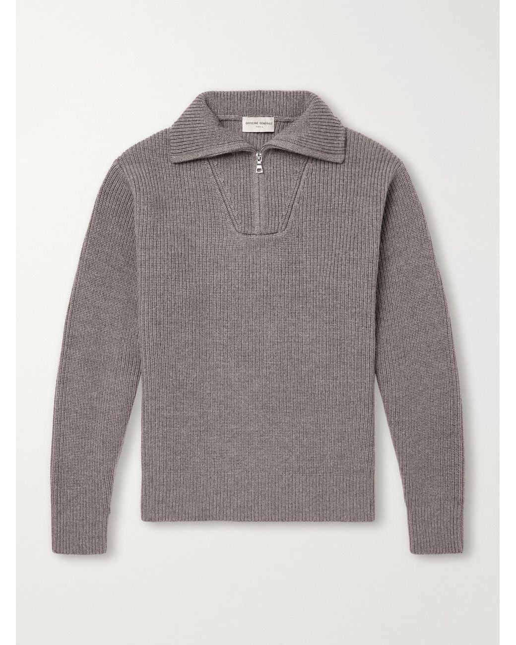 Officine Generale Gray Tarek Ribbed Merino Wool Half-Zip Sweater for men