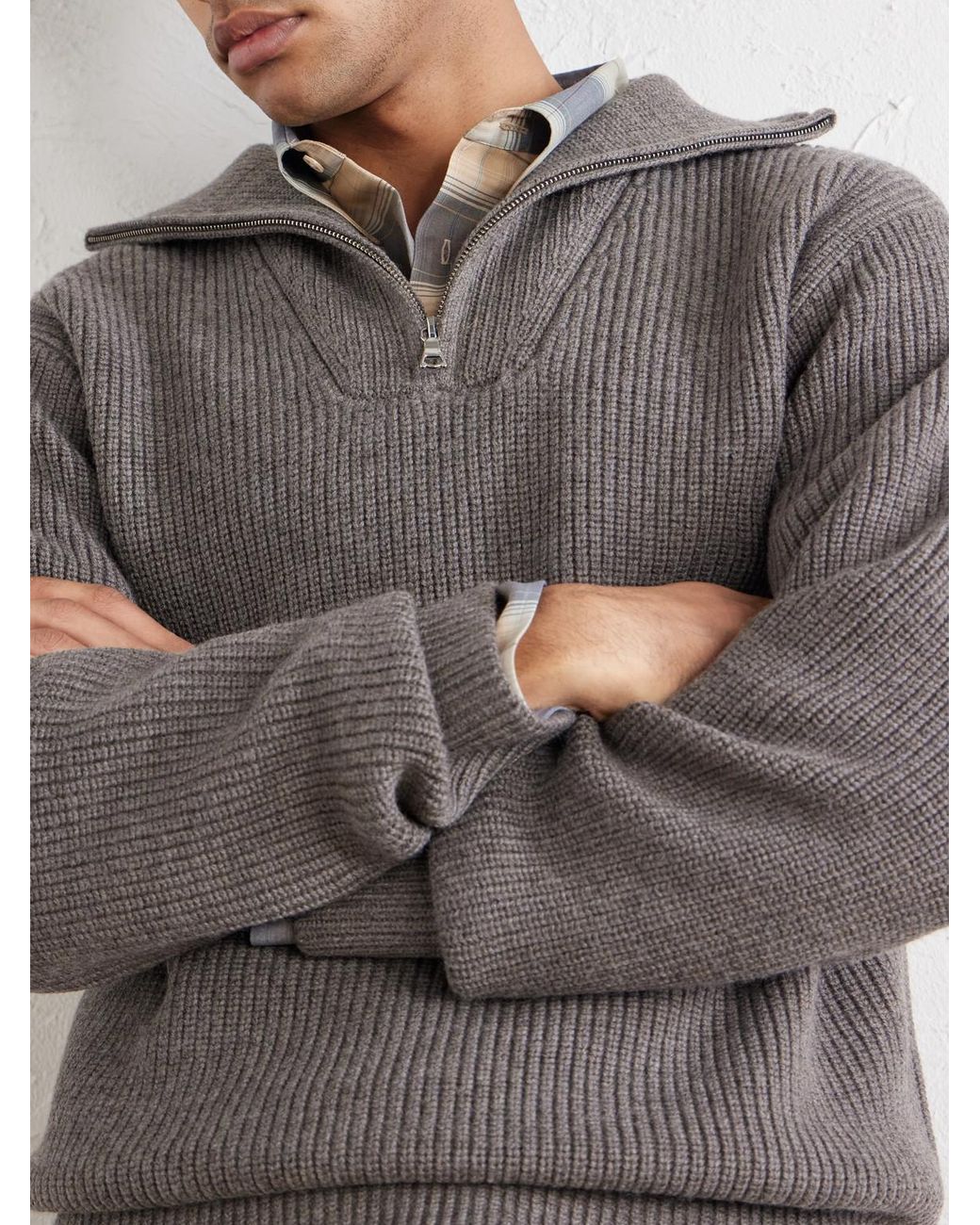 Officine Generale Gray Tarek Ribbed Merino Wool Half-Zip Sweater for men