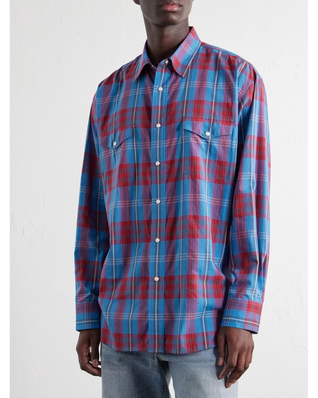 Auralee Blue Checked Cotton And Silk-Blend Shirt for men