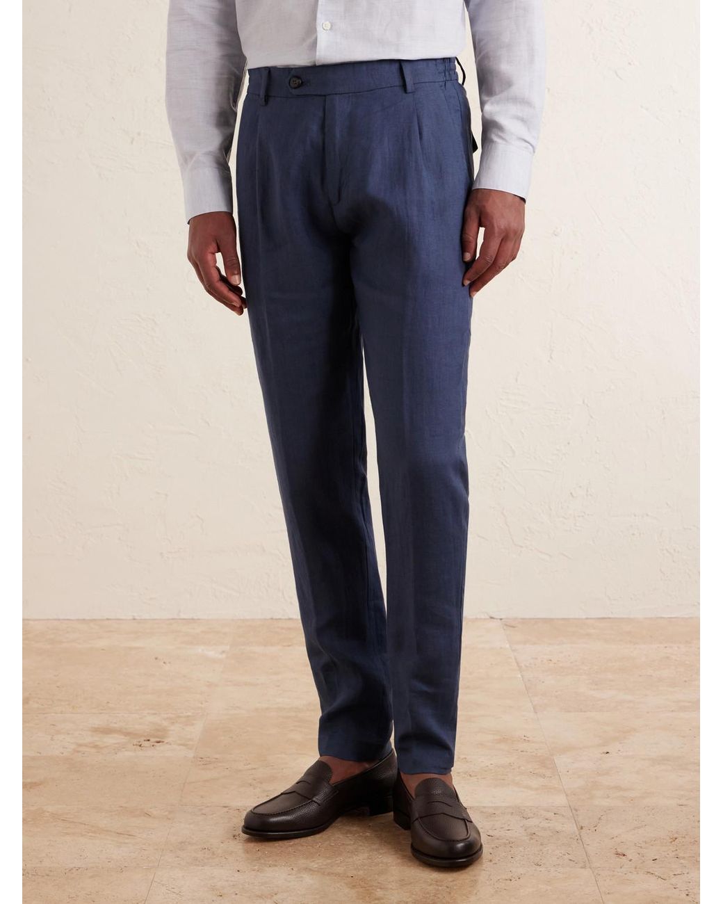 Eleventy Blue Flat Front Chino Linen Trousers for men