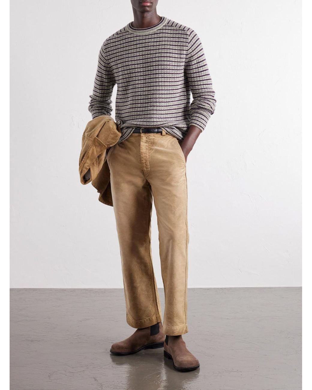 Auralee Gray Striped Ribbed Wool And Cashmere-Blend Sweater for men