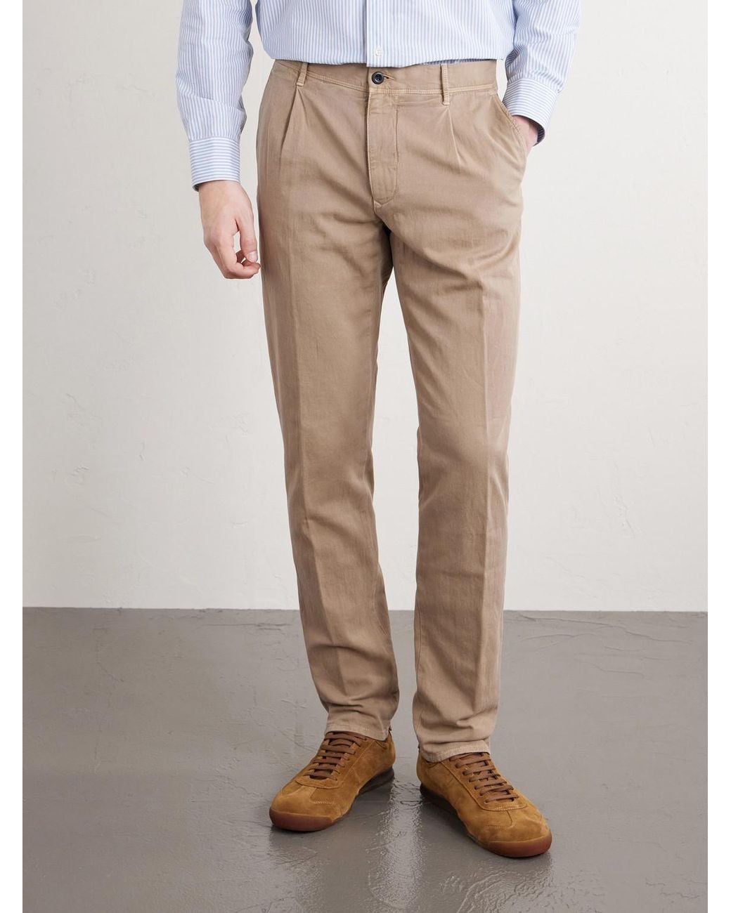 Slowear Natural Tapered Pleated Cotton-blend Gabardine Trousers for men