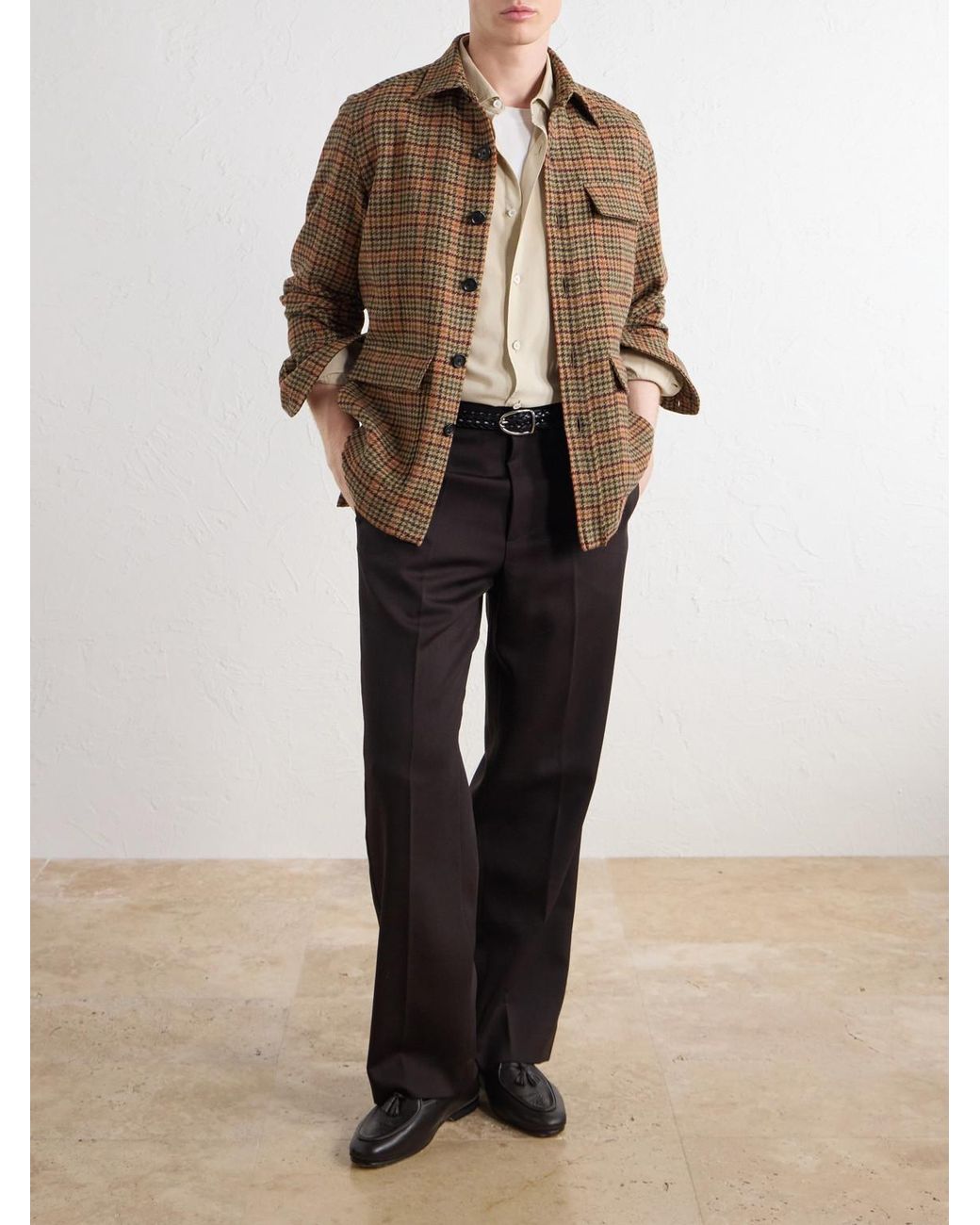 De Petrillo Brown Houndstooth Virgin Wool Overshirt for men