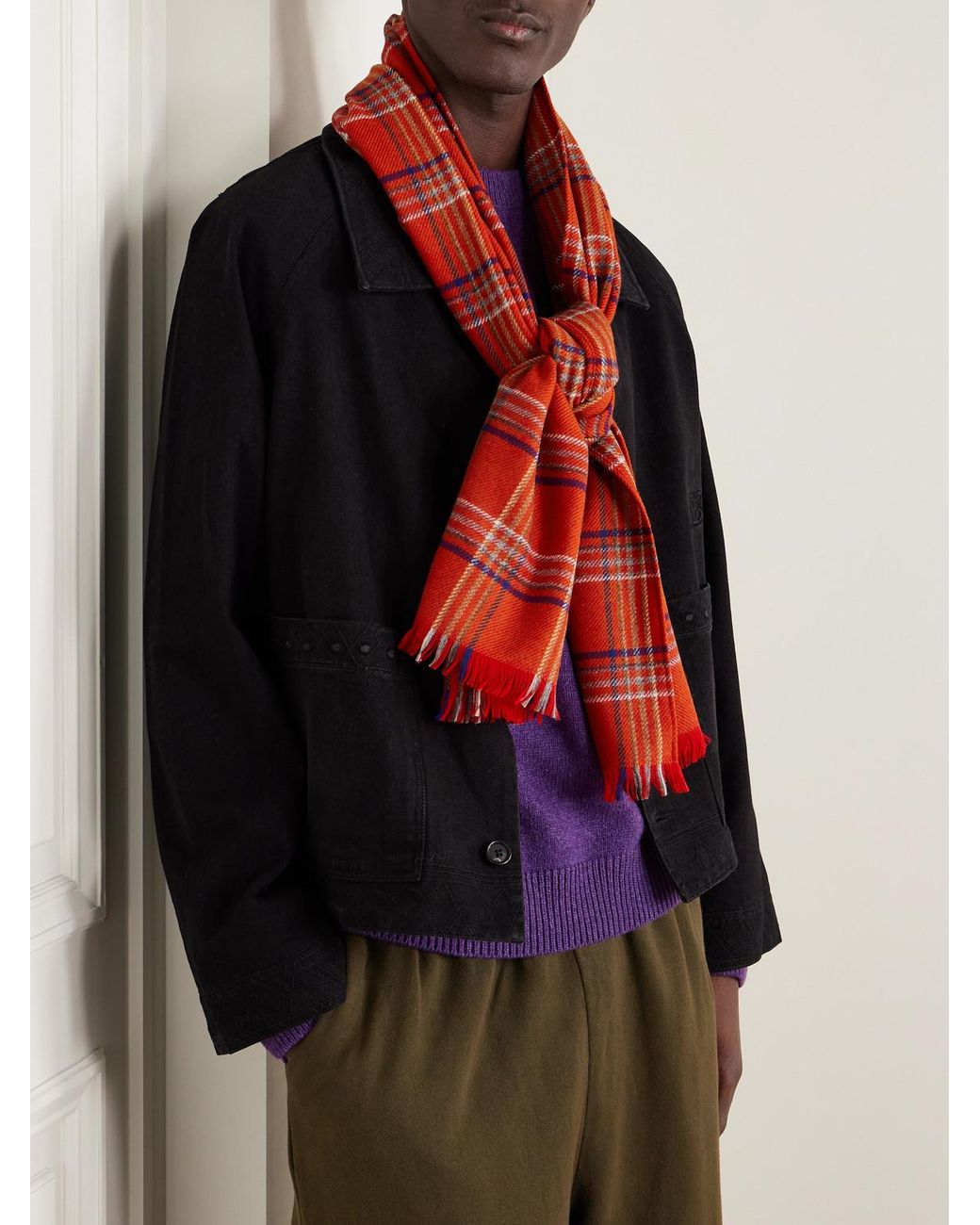 Gable Checked Fringed Wool Scarf di Bode in Red da Uomo