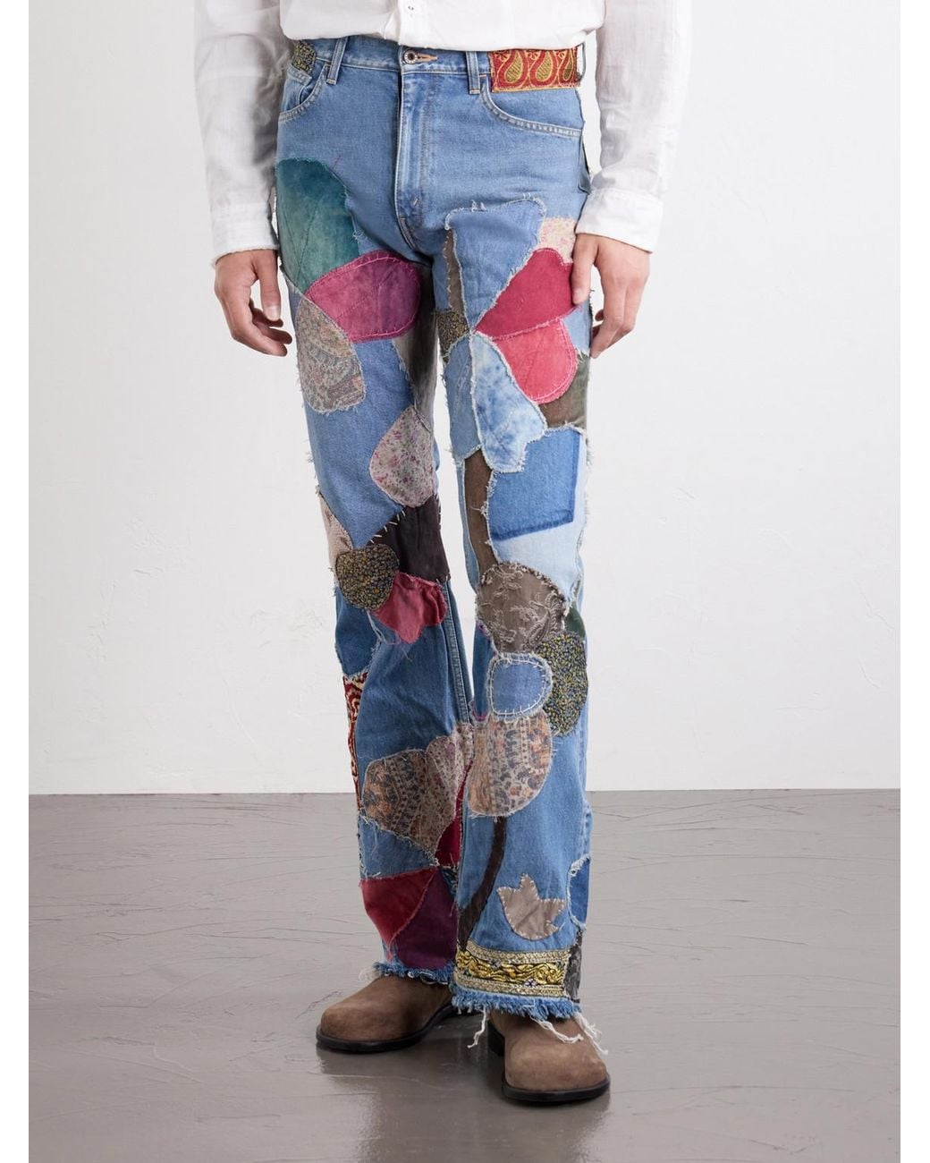 Kapital Blue Rat Flared Patchwork Frayed Jeans for men