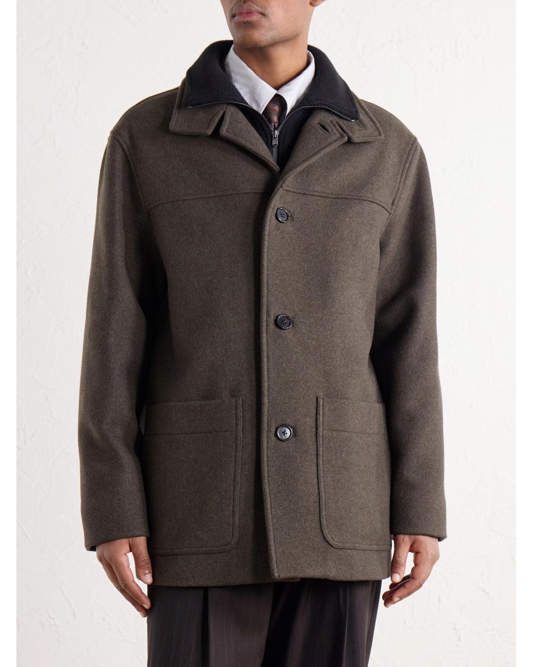 Margaret Howell Brown Knit-Trimmed Wool-Blend Melton Coat for men