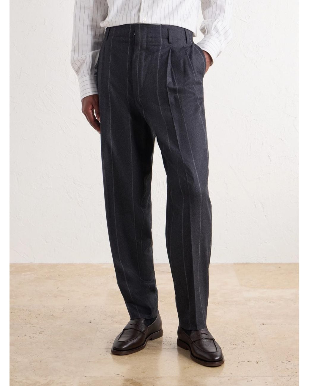 Brunello Cucinelli Blue Straight-Leg Pinstriped Pleated Wool, Silk And Cashmere-Blend Flannel Suit Trousers for men