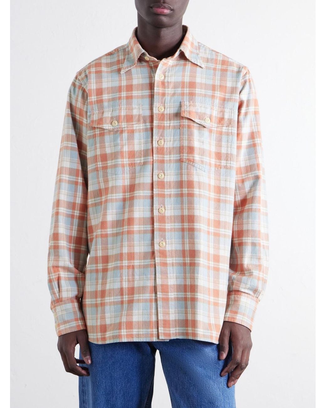 Drake's Pink Checked Brushed Cotton-Flannel Shirt for men