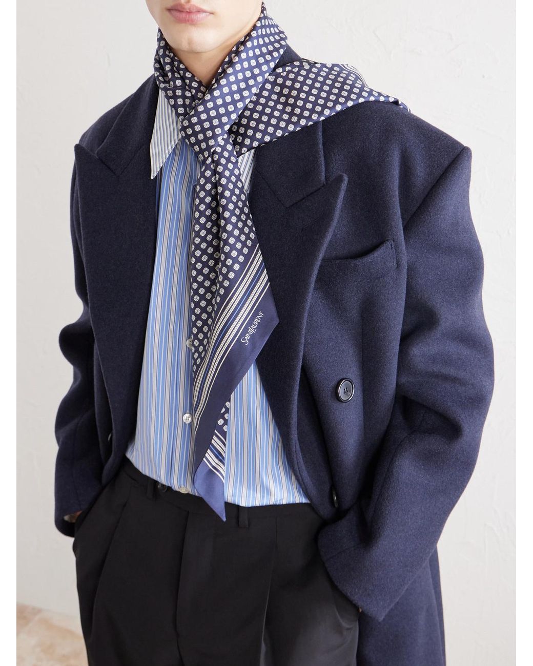 Saint Laurent Blue Printed Silk-twill Scarf for men