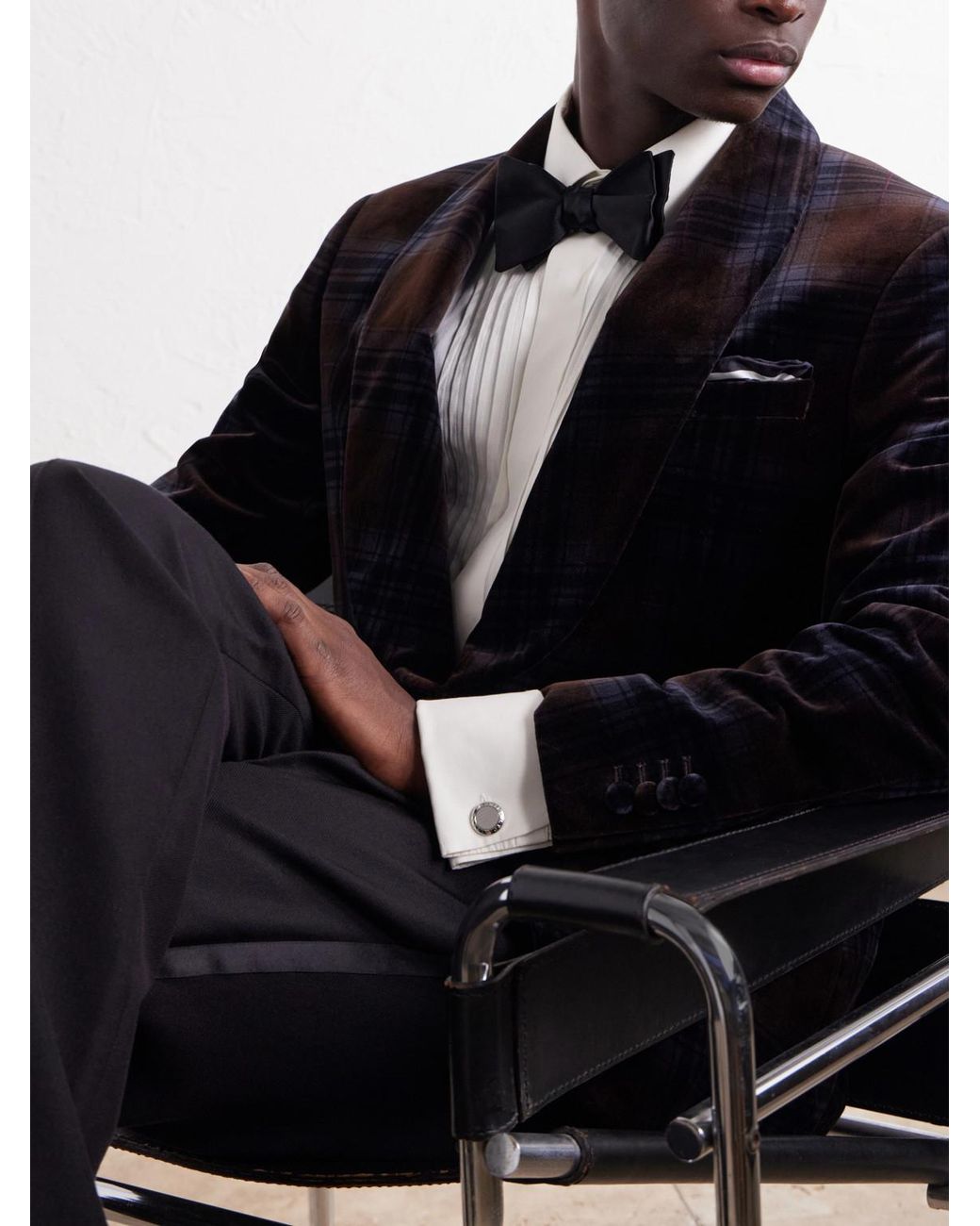 Mr P. Blue Shawl-Collar Checked Cotton-Velvet Tuxedo Jacket for men