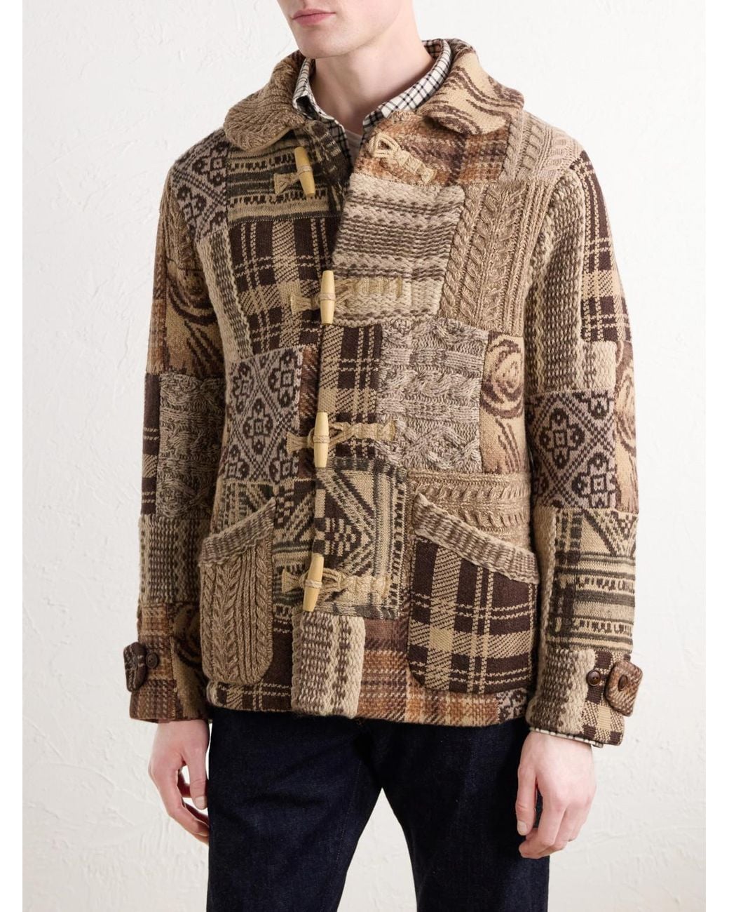 RRL Brown Shawl-Collar Patchwork Wool-Blend Cardigan for men