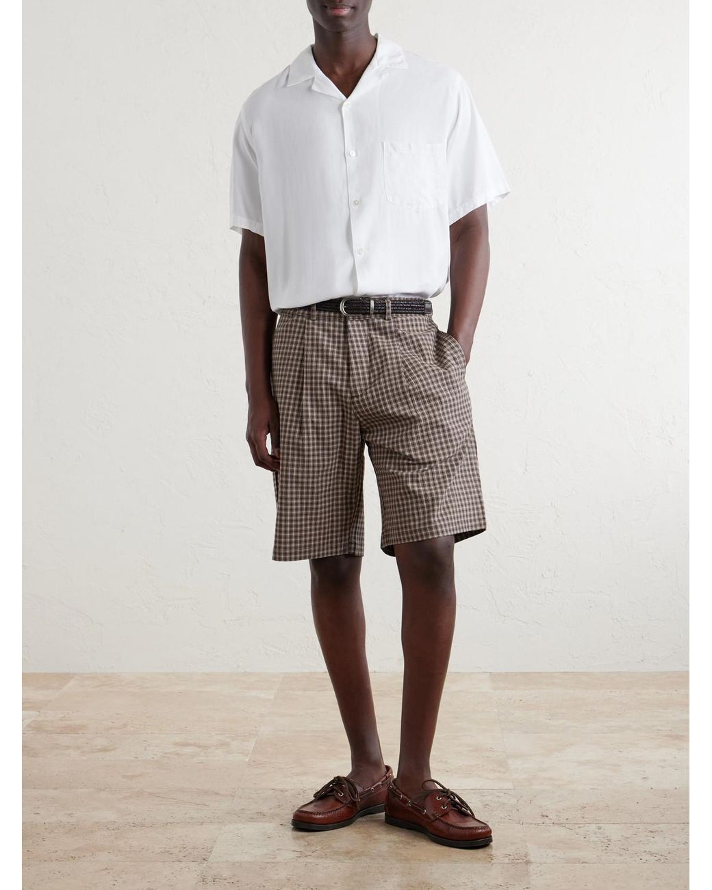 Oliver Spencer Gray Leaman Straight-Leg Pleated Checked Cotton-Blend Shorts for men