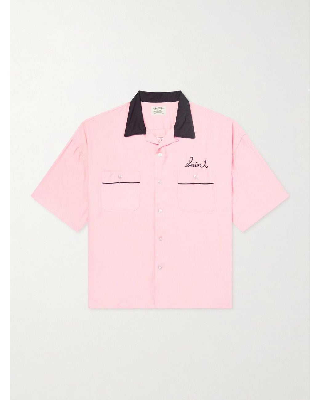 SAINT Mxxxxxx Pink Deck Of Cards Convertible-Collar Logo-Embroidered Satin Shirt for men