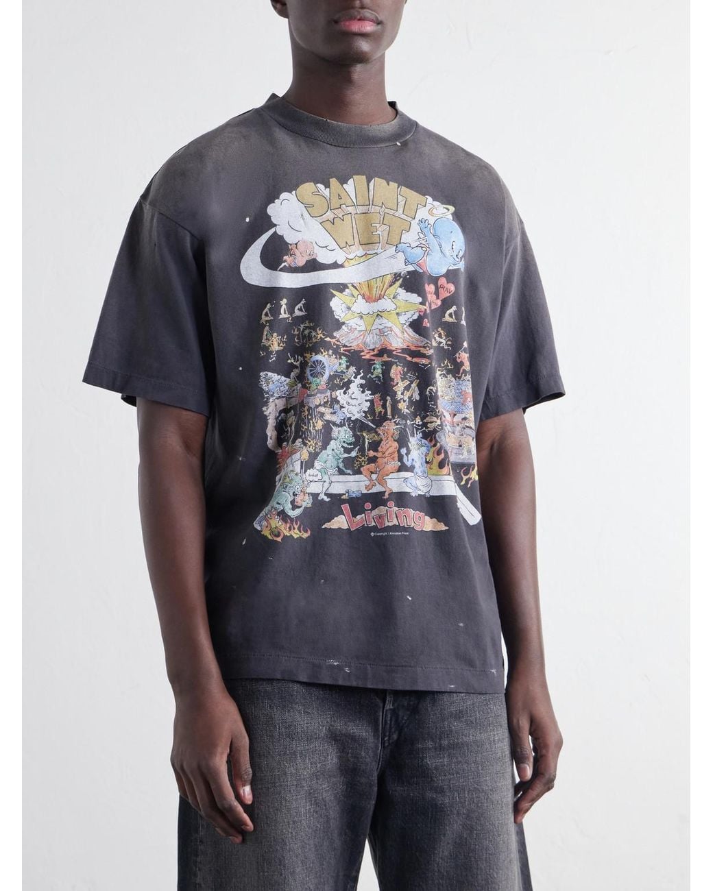 SAINT Mxxxxxx Blue Living Printed Distressed Cotton-Jersey T-Shirt for men