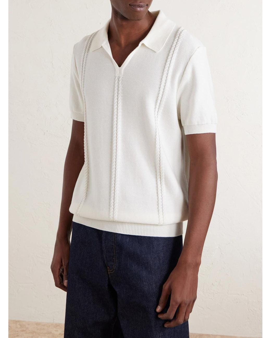 Mr P. White Cable-knit Cotton Polo Shirt for men