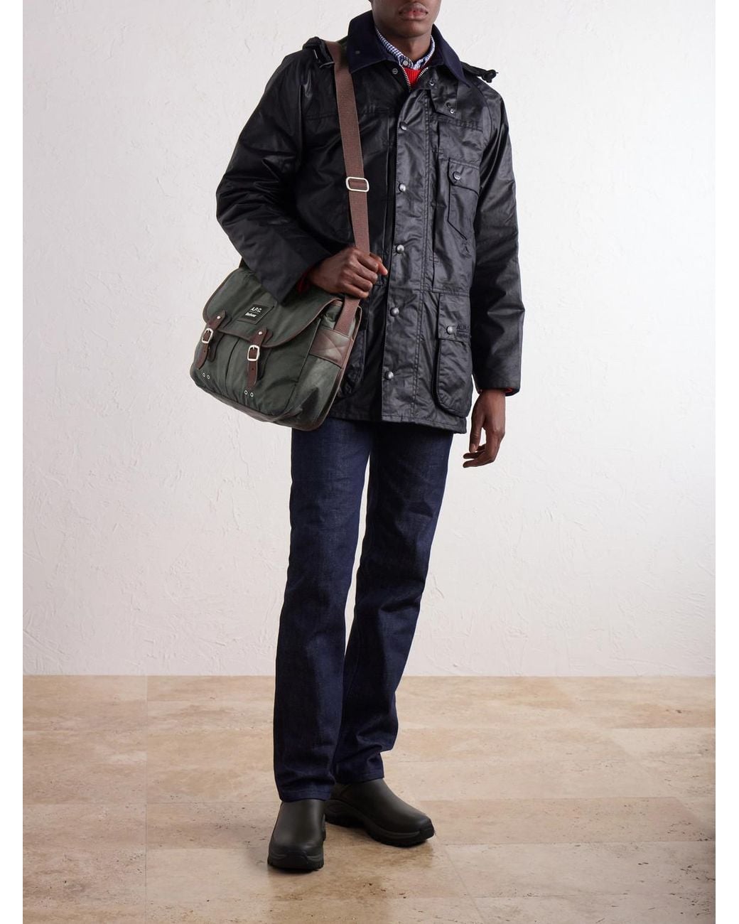Barbour Black A.P.C. Leather-Trimmed Waxed Cotton-Canvas Messenger Bag for men