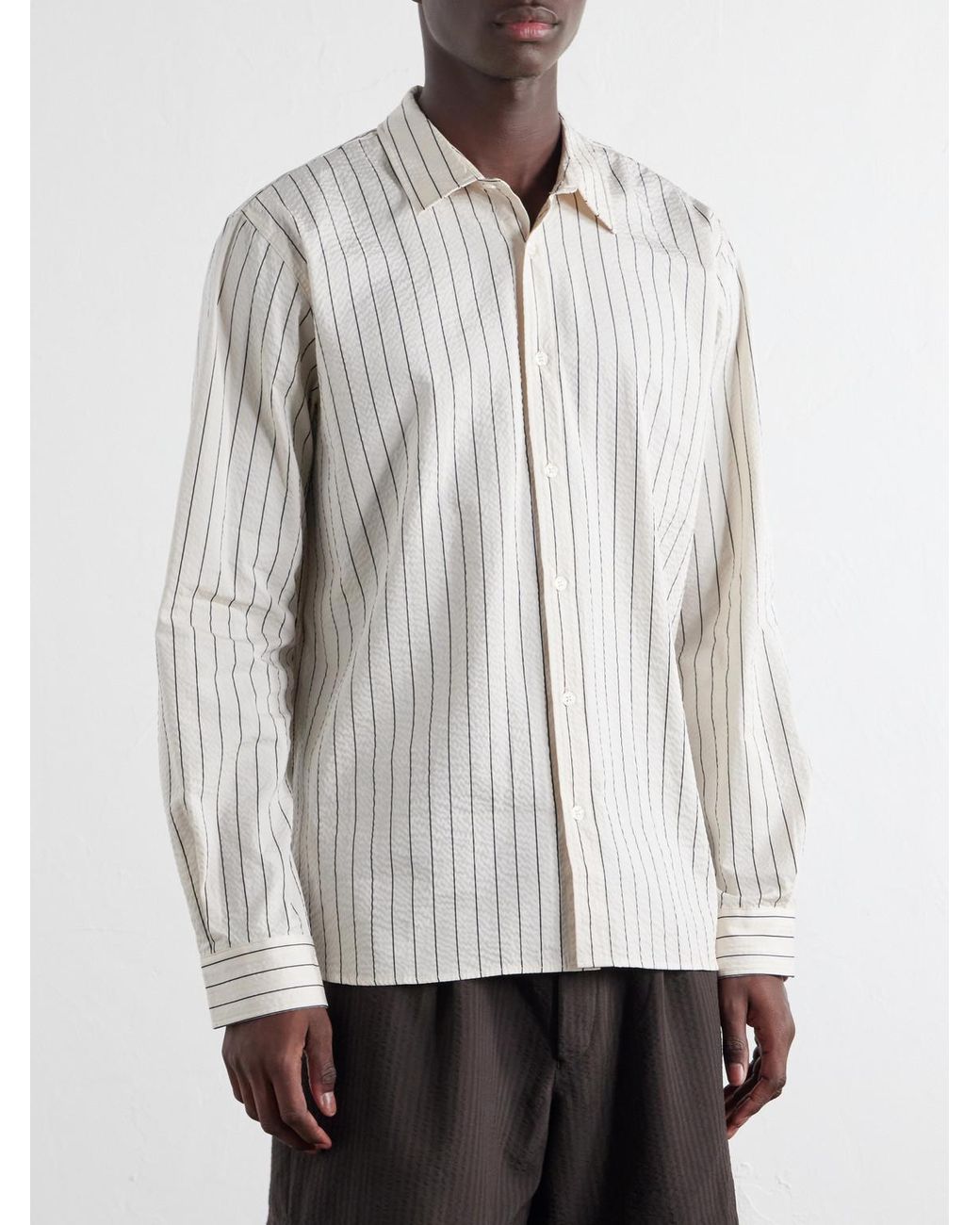 Orlebar Brown White Justin Striped Cotton-Seersucker Shirt for men
