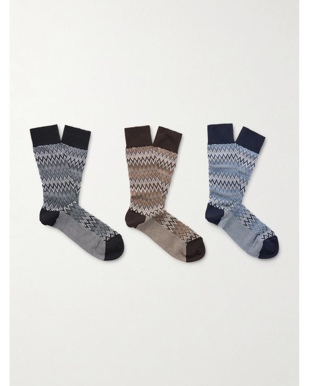 Missoni Blue Three-Pack Crochet-Knit Cotton-Blend Socks for men