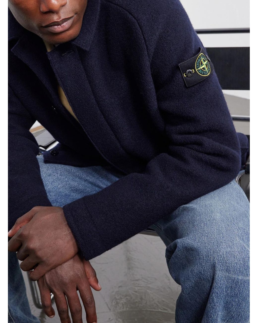 Stone Island Blue Felted Rws Wool Overshirt for men