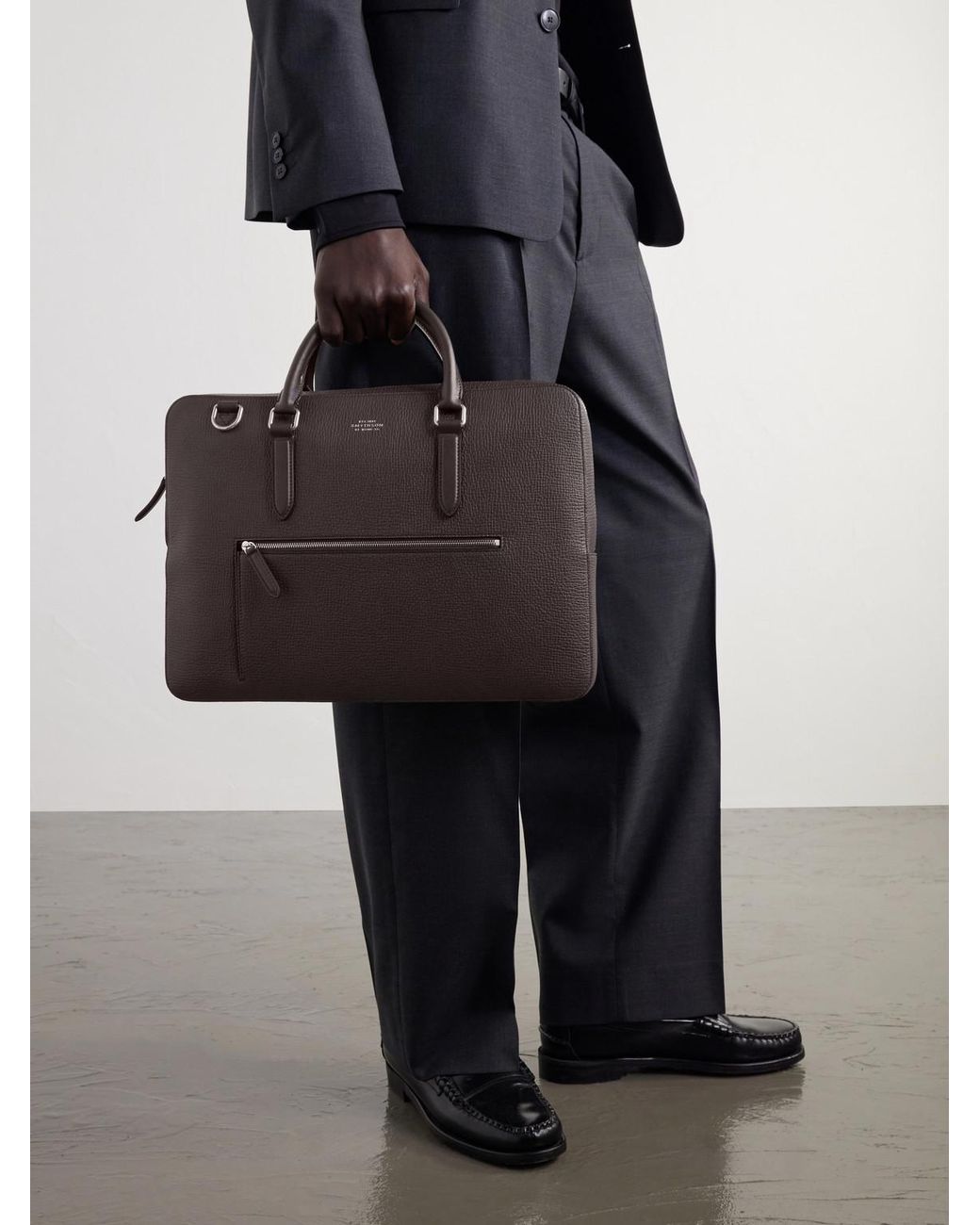 Smythson Brown Full-Grain Leather Briefcase for men