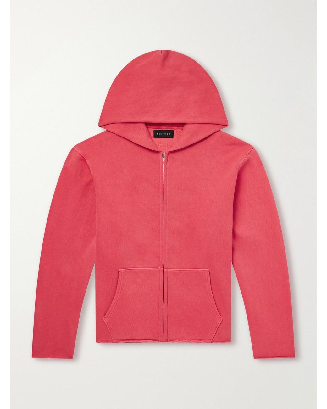 Les Tien Red Garment-Dyed Distressed Cotton-Jersey Zip-Up Hoodie for men