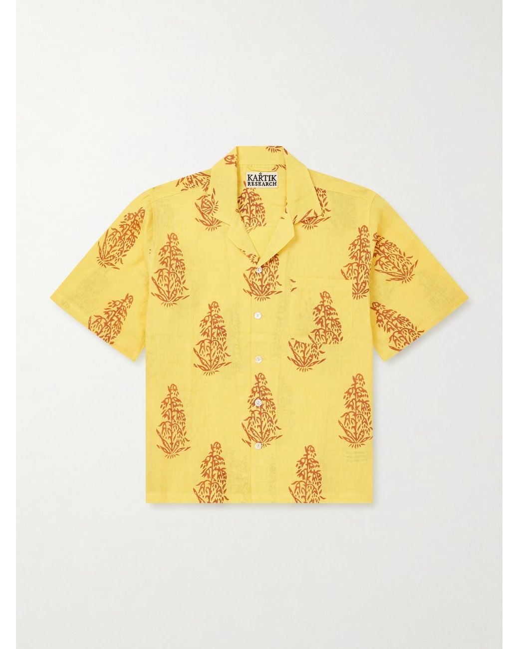 Kartik Research Yellow Camp-Collar Printed Linen Shirt for men