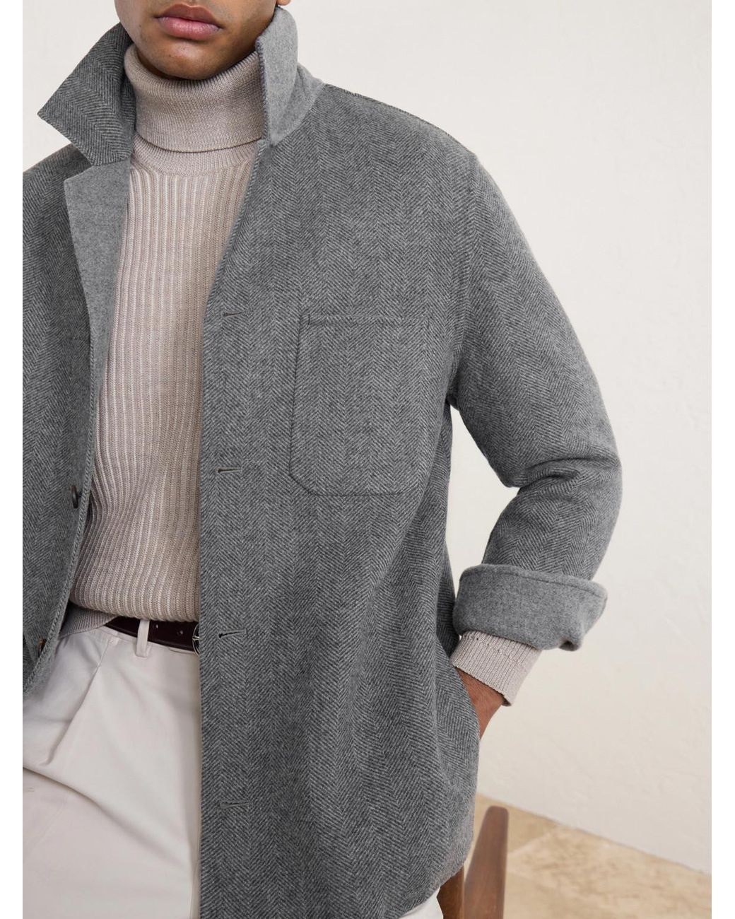 Eleventy Gray Reversible Herringbone Wool And Cashmere-Blend Overshirt for men
