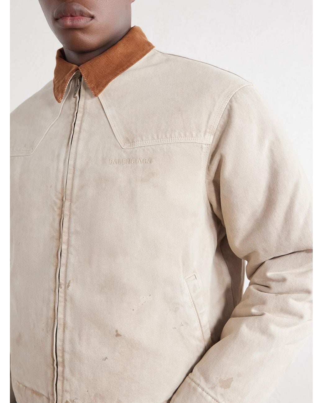 Balenciaga Natural Logo-Embroidered Corduroy-Trimmed Paint-Splattered Denim Jacket for men