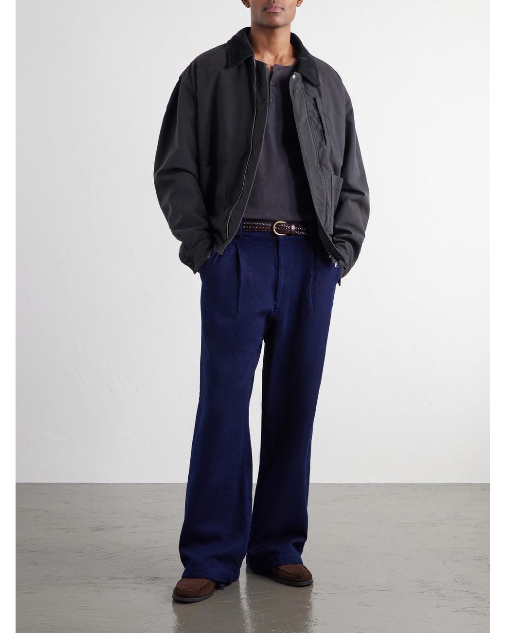 Blue Blue Japan Blue Straight-Leg Pleated Sashiko-Cotton Trousers for men