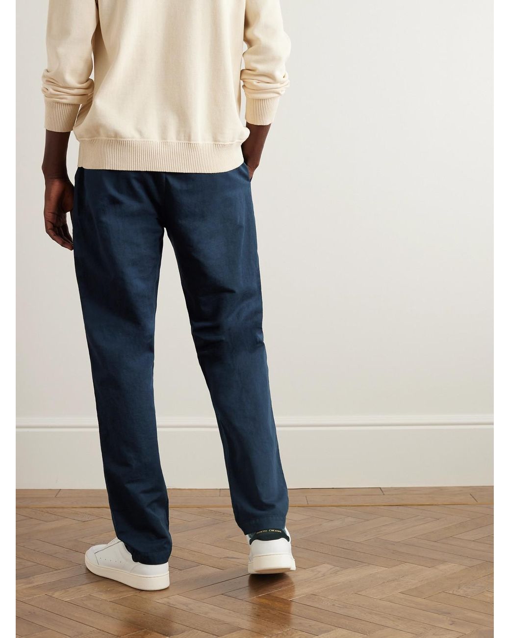 Sunspel Blue Straight-Leg Cotton And Linen-Blend Drawstring Trousers for men